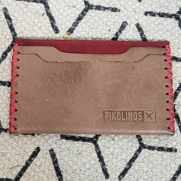 Pikolinos Unisex Taupe Brown w Wine Red Accent Leather Credit Card Holder Wallet - Picture 3 of 9